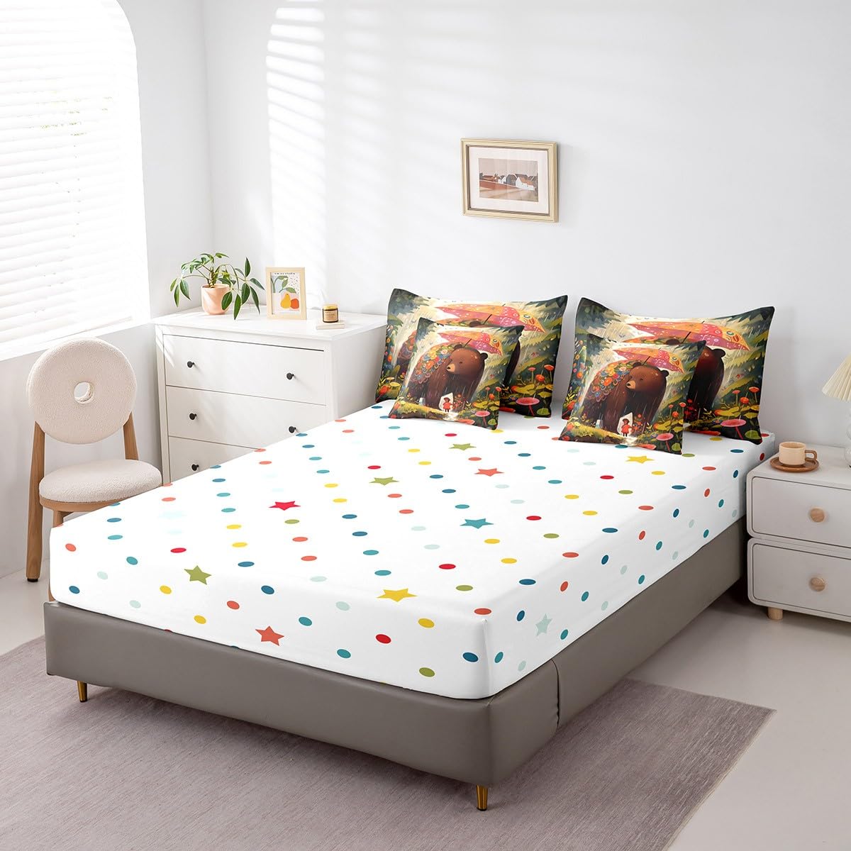 Erosebridal Kawaii Girl Bedding Set King Size, Cartoon Bear Comforter Set, Cute Bear Animals Flowers Kids Teens (Comforter+Fitted+Flat Sheet+2 Pillowcases+2 Throw Pillow Covers) 7 Pieces Bed Set