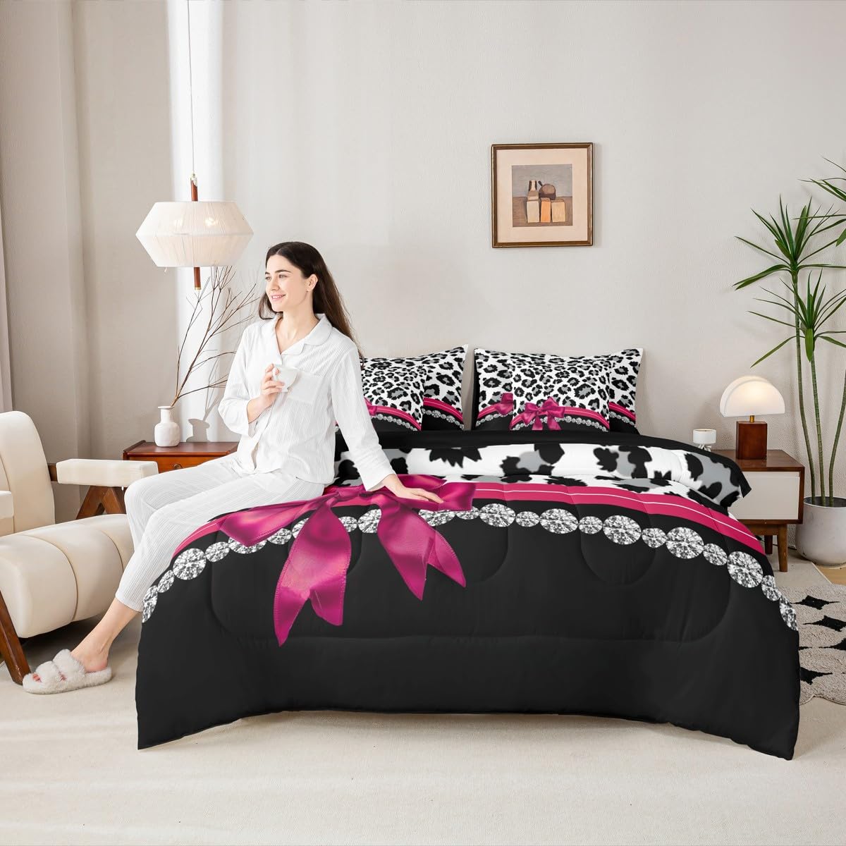 Feelyou Grey Leopard 7 Piece Bedding Set Queen Size Plum Red Bowknot Comforter Set with Sheets for Kids Girls Women Diamond Bed in a Bag Animal Print Bed Set