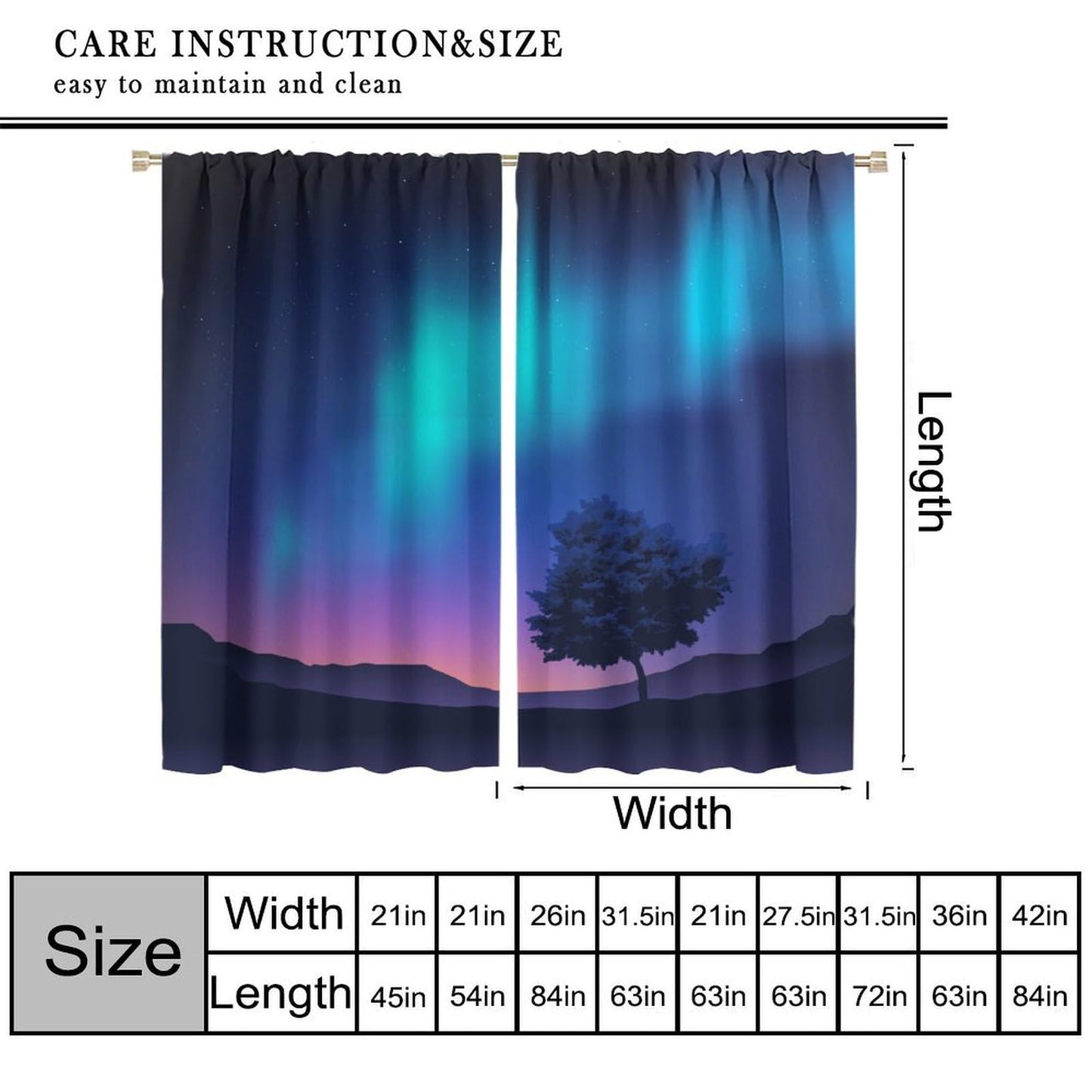 GoDazzling Night Nature Landscape Curtains, Blue Pink Northern Lights Night Tree Under Starry Sky Rod Pocket Window Drapes, for Bedroom Living Room 41" W X 45" L (No Blackout)