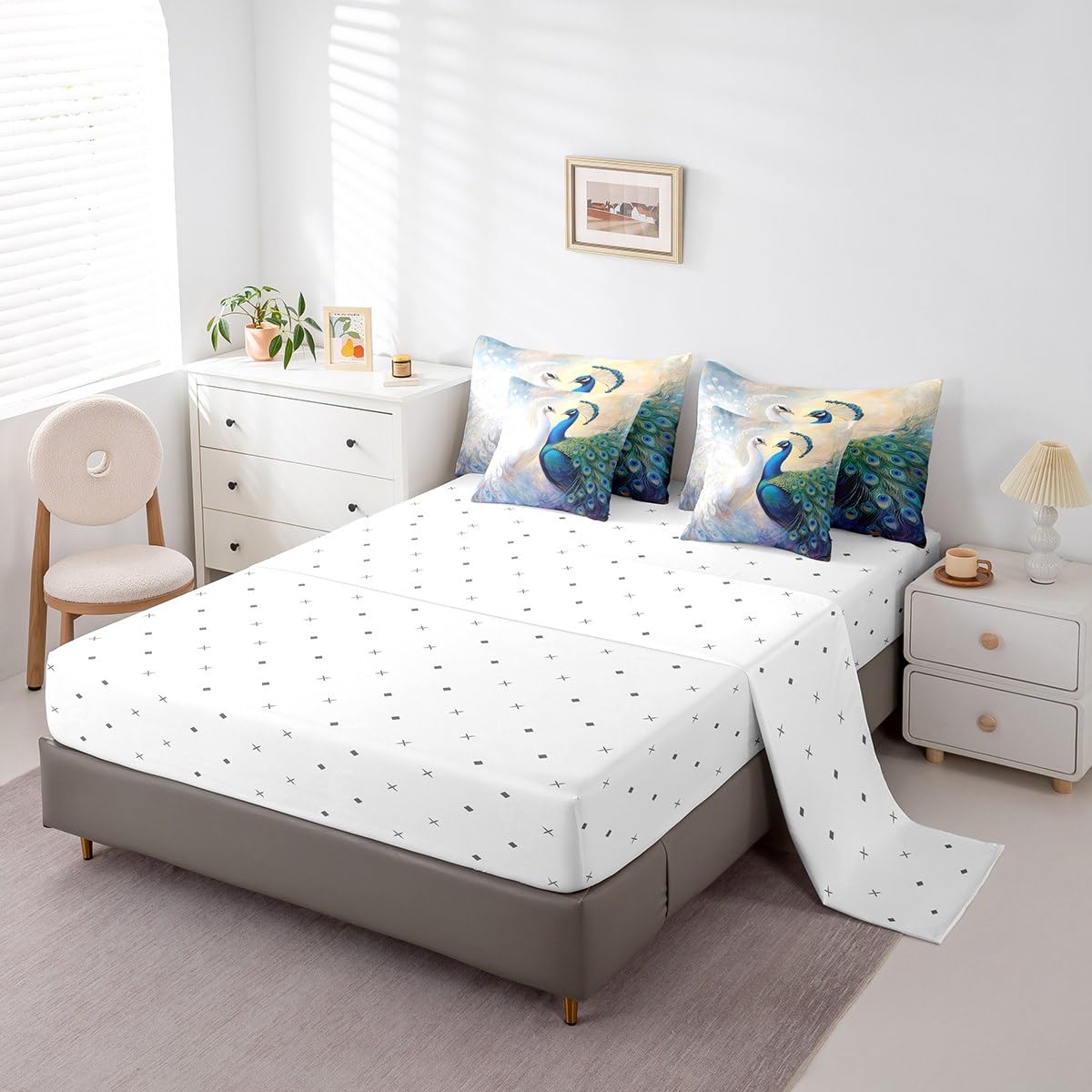 Erosebridal Peacock Couple Bedding Set for Kids Teens,Couple Lover Comforter Set King Size,Elegant Birds (Comforter+Fitted+Flat Sheet+2 Pillowcases+2 Throw Pillow Covers) 7 Pieces Bed Set