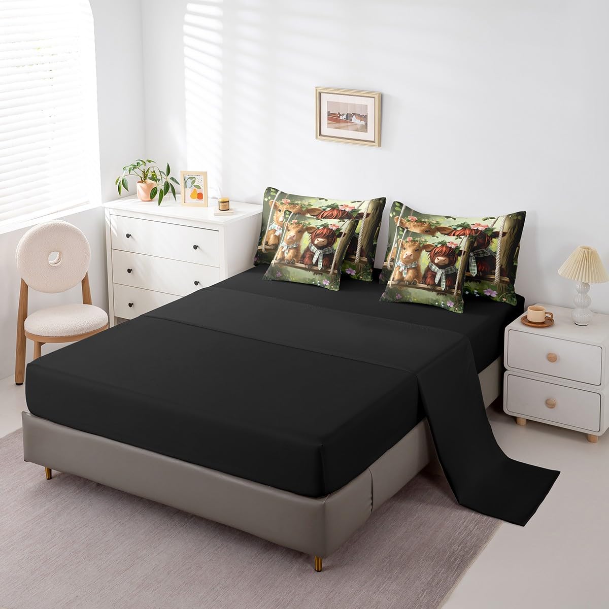 Erosebridal Highland Cow Comforter Set King Size,Western Cow Bedding Set for Kids Teens,Farmhouse Animal (Comforter+Fitted+Flat Sheet+2 Pillowcases+2 Throw Pillow Covers) 7 Pieces Bed Set