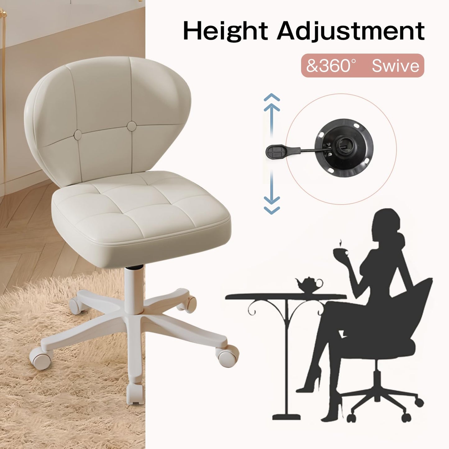 Timbertouch Small Office Chair with Lumbar Support, PU Leather Armless Swivel Desk Chair Adjustable Height, Compact Rolling Chair for Home Office, Bedroom, Study 1White