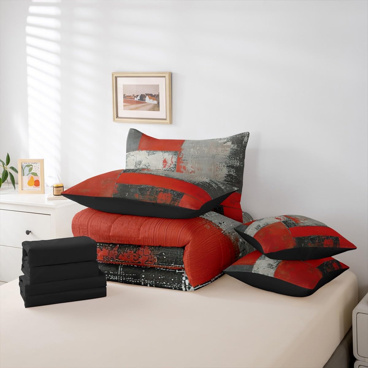 Feelyou Abstract King Comforter Set with Sheets for Kids Boys Girls Modern Abstract Art 7 Pieces Bedding Set Luxury Bed in a Bag Geometric Room Decor Red Gray Soft Lightweight Microfiber