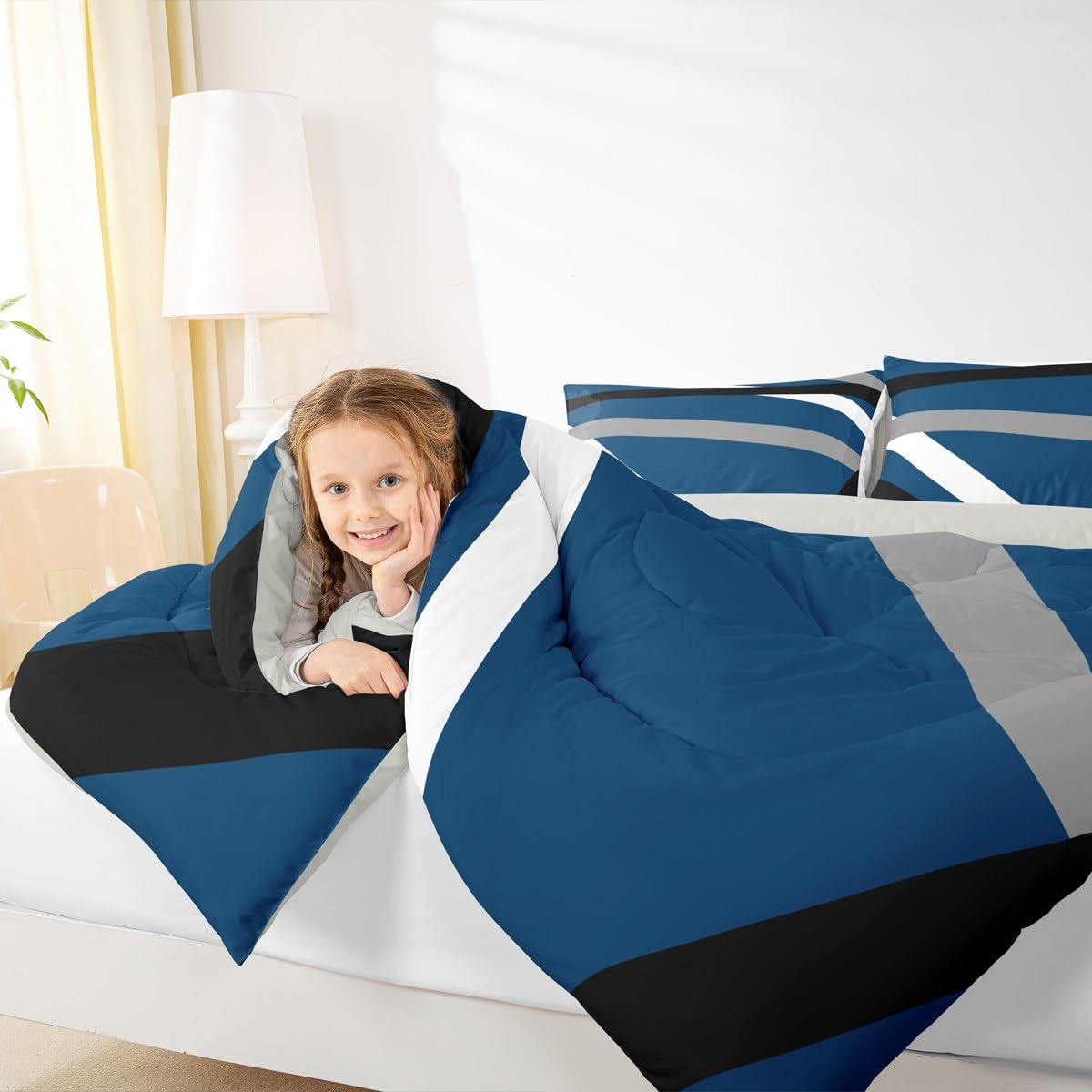 Erosebridal Blue Gray Black Striped Queen Comforter Set for Adult Women Men Modern Abstract Bedding Set Geometric Lines Bed Set Aesthetic Boho Quilt Set