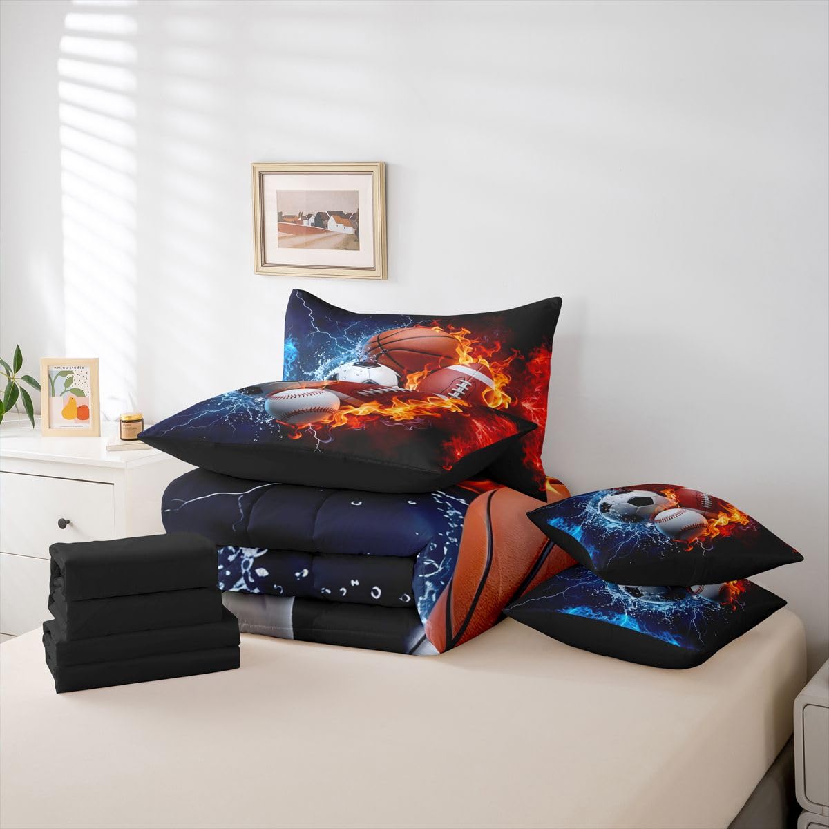Feelyou Boys Sports Comforter Set with Sheets 7 Piece Twin Size Football Baseball Soccer Bed in a Bag Kids Boys Girls Basketball Bedding Set Ball Game Sports Bedroom Decor Breathable Soft Microfiber