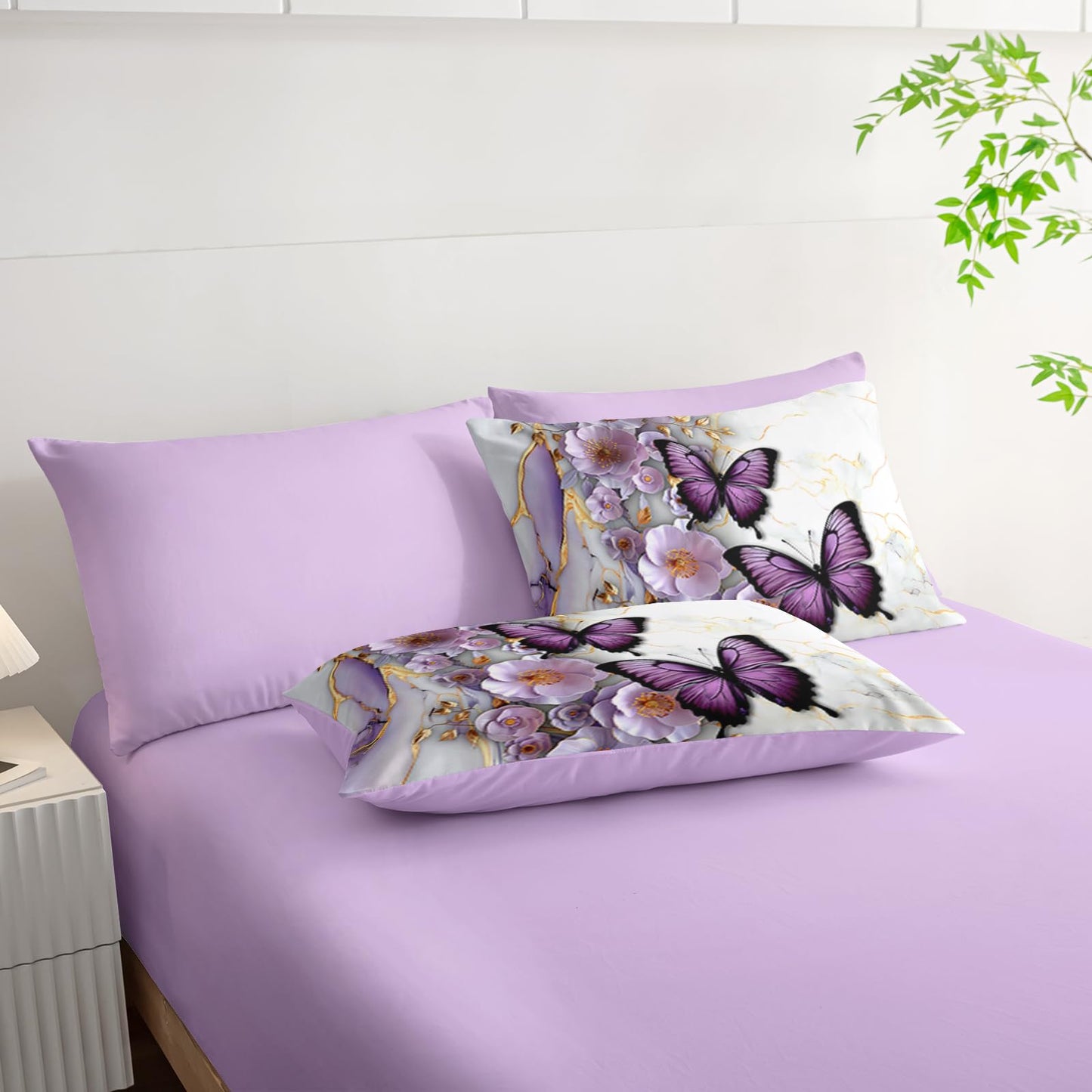 AILONEN Butterfly Girls Comforter Set Printed Full Size 7Pcs Purple Floral Bed in a Bag,Gold White Marble Flower Comforter + Fitted/Flat Sheet + 2 Pillowcases + 2 Pillow Shams for Kids Women