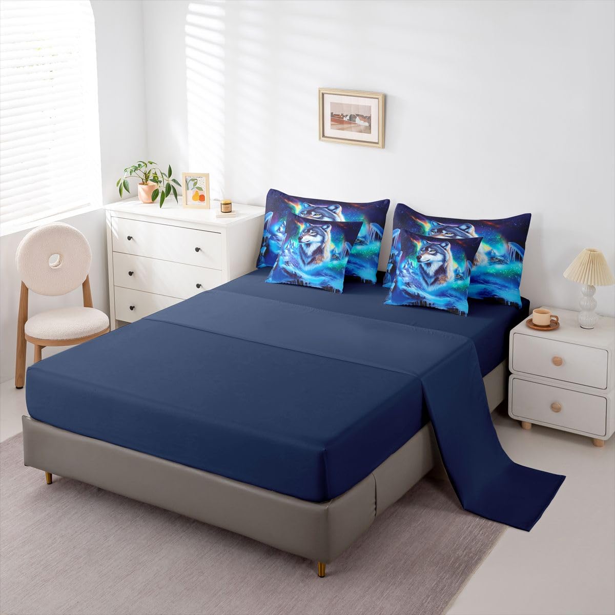 Feelyou Wolf Comforter Set with Sheets 7 Piece Queen Size Wolves Howling Bedding Set for Kids Boys Girls Western Farmhouse Bed in a Bag Wild Animal Room Decor Soft Microfiber