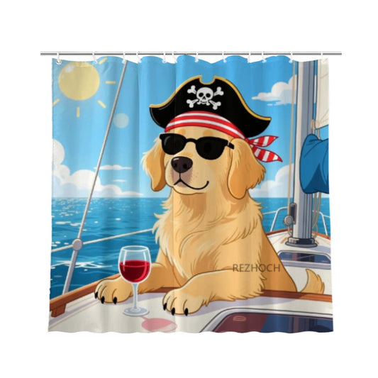 REZHOCH Funny Shower Curtain Cool Golden Retriever Wear Pirate Headscarf in Sunglasses Relaxing on Yacht Beach Bathroom Decor,Vacation Pet Art,Waterproof Fabric Curtain,72x72,12 Hooks