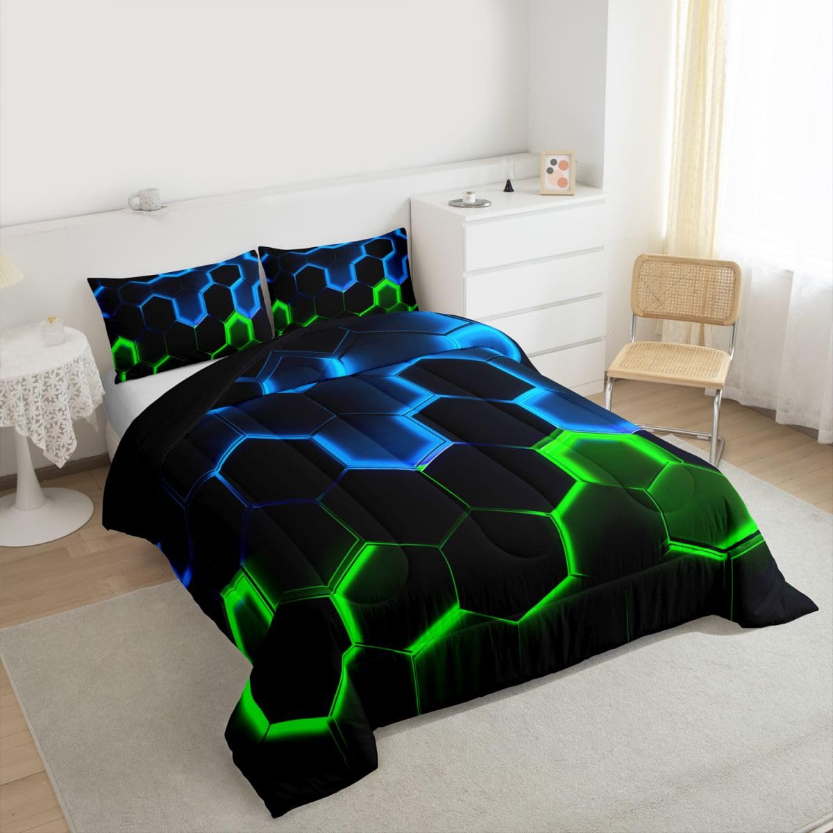Castle Fairy Honeycomb Bedding Comforter Set Twin Size,Hexagon Theme with Green Blue Neon Lights Quilt Set,Boys Teen Man Chic Creative Home Bedding Set 2pcs Duvet Insert with 1 Pillowcase,Black
