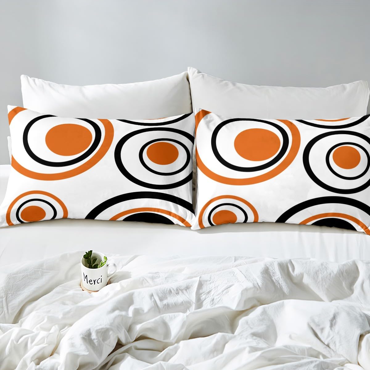 Erosebridal Orange Abstract Bed Sheets Full Size Modern Geometric Circles Flat Fitted Sheet Boho Art Aesthetic Striped Sheet Set Minimalist Black White Abstract Sheets