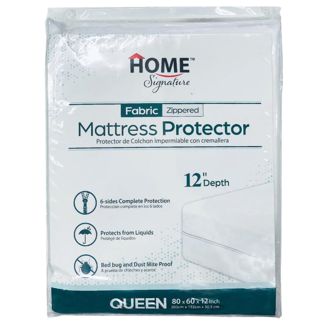 Home Signature - Zippered Waterproof Mattress Protector – 6-Sided Encasement, Bed Bug & Dust Mite Proof, 12” Deep Cover for Full Protection (Queen)