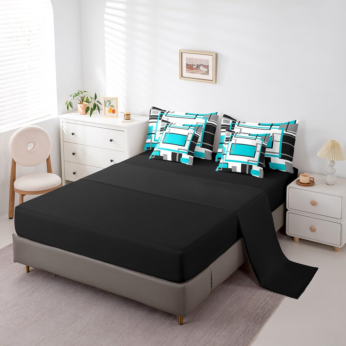 Erosebridal 7Pcs Teal Black White Geometric Abstract Twin Size Comforter Set,Modern Square Striped Bed in A Bag,Boho Bedding,Minimalist Contemporary Art Aesthetic Quilt Set with Pillowcases