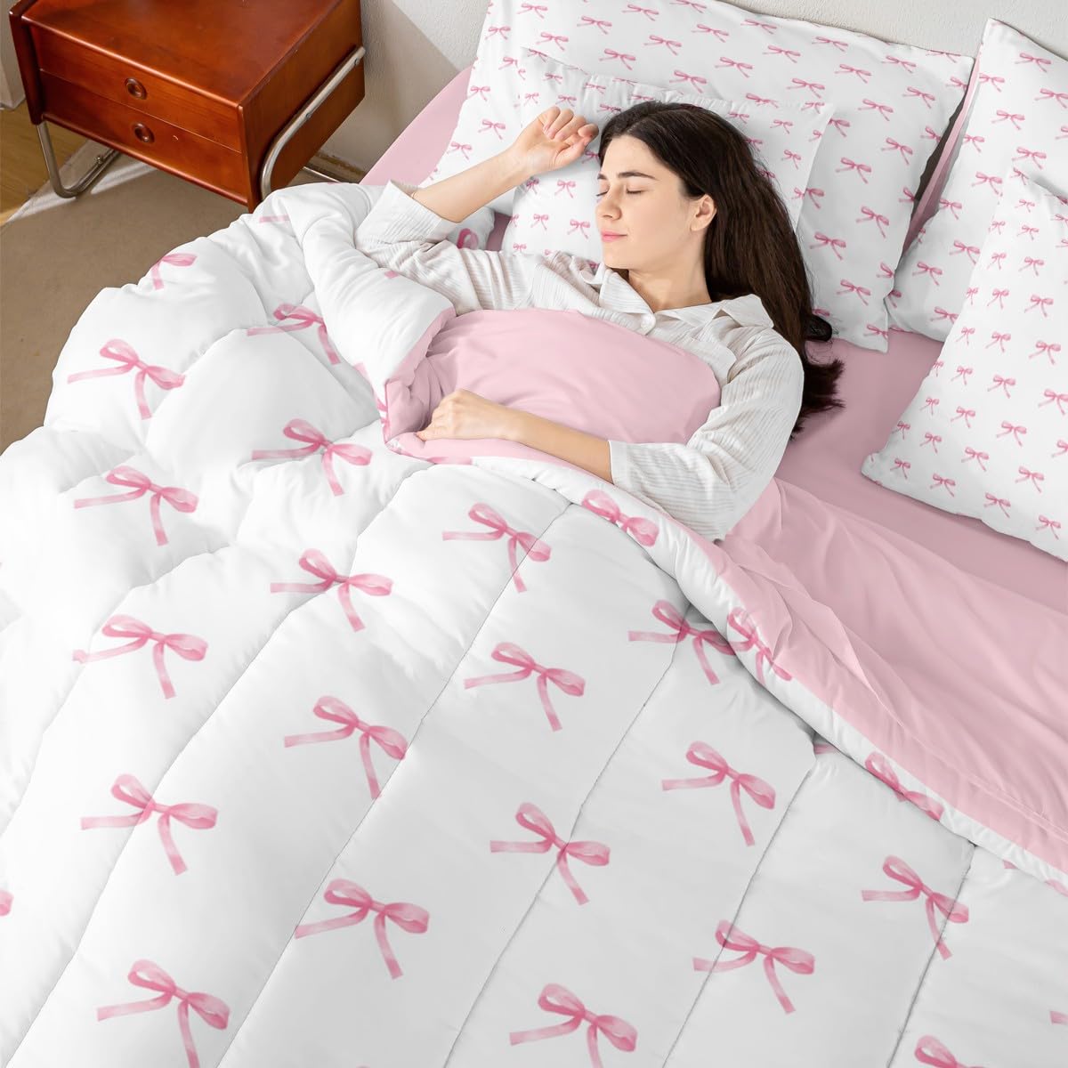 Erosebridal 7 Pieces Pink Bow Comforter King,Kids Cartoon Bowknot Butterfly Knot Princess Bedding Set for Girls,Dreamy Watercolor Ribbons Bow Tie Sheets with Pillowcases + Pillow Covers,Pink White