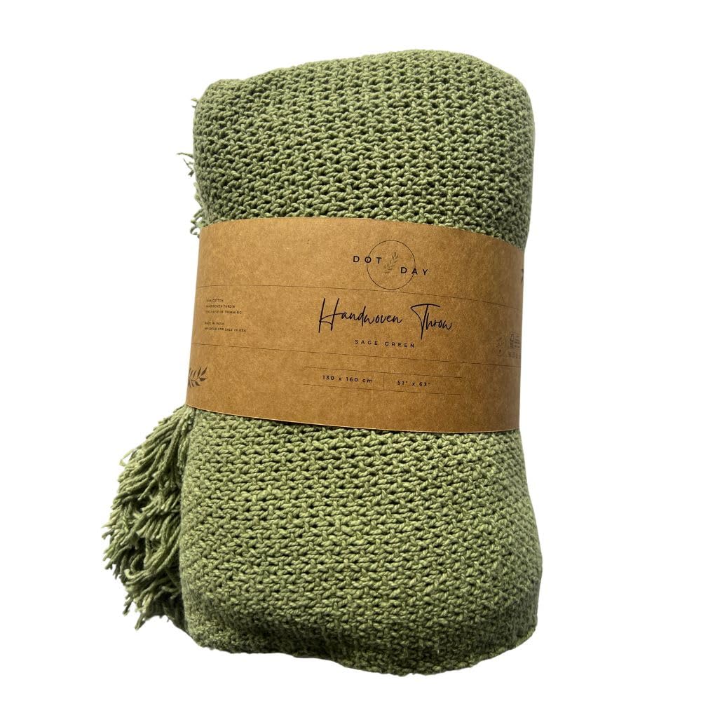 Dot Day Handwoven Cotton Throw Blanket – Chunky Knit, Soft & Breathable – 100% Cotton, 51x63 inches – Cozy Couch, Bed, Baby Nursery, Rustic Farmhouse Decor – Machine Washable (Sage Green)