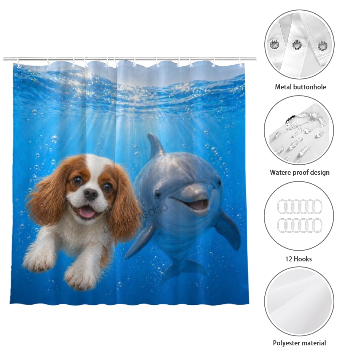 LFINKARTGOGO Ocean Cavalier King Charles Spaniel Shower Curtain 72x72 with 12 Hooks Underwater Animal Dolphin Waterproof Washable Polyester Bath Curtain for Home Hotel Decor