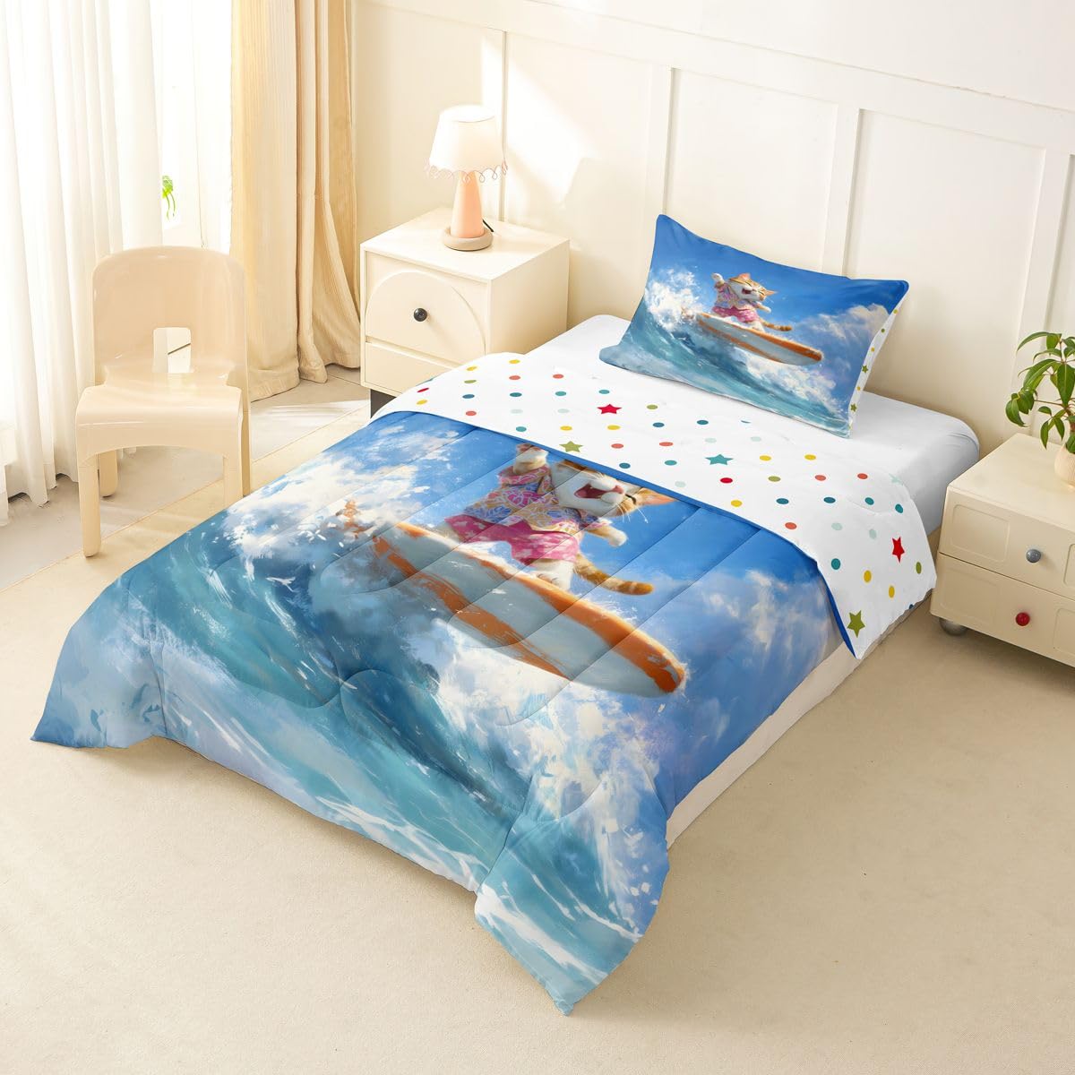 Erosebridal Cat Surfing Toddler Bedding Set Cartoon Summer Coastal Cat Surf Comforter Set Hawaiian Beachy Girly Room Decor Bed Comforter Sets,Blue Ocean Waves Quilt Duvet