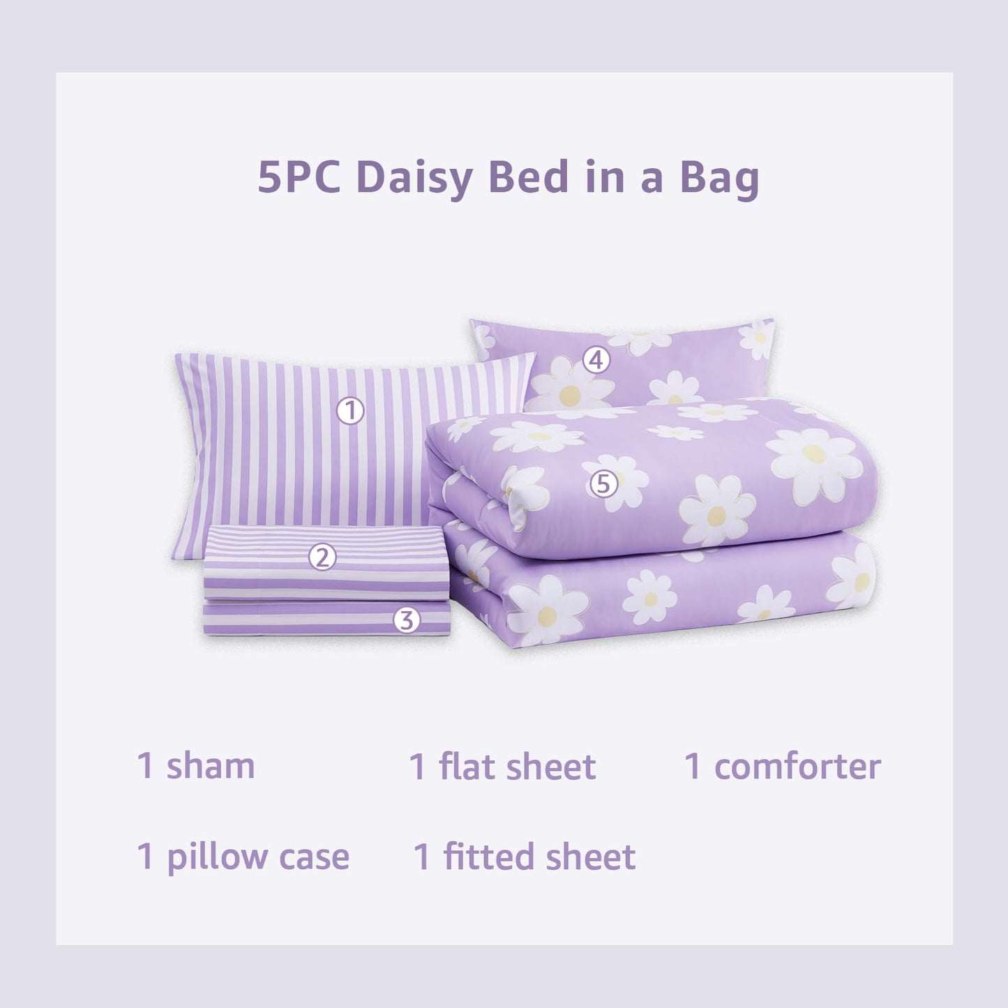 AMBERSPACE Twin XL Comforter Set for Girls, Purple Daisy Kids Bedding Set Reversible with Cute Floral, All Season Bed in a Bag Dorm 5 Pieces with Sheets, Pillowcase & Sham