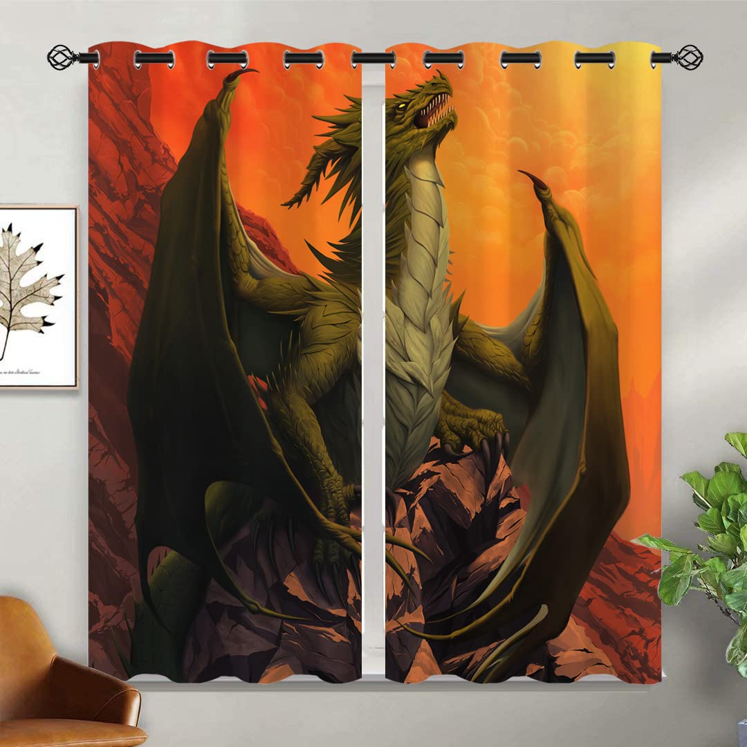 ONINUO Dragon Blackout Curtains for Girls Boy Home Decor, Fantasy Mythical Western Animal Grommet Thermal Insulated Drapes Darkening Window Curtain for Bedroom Living Room, 42 x 45 Inch