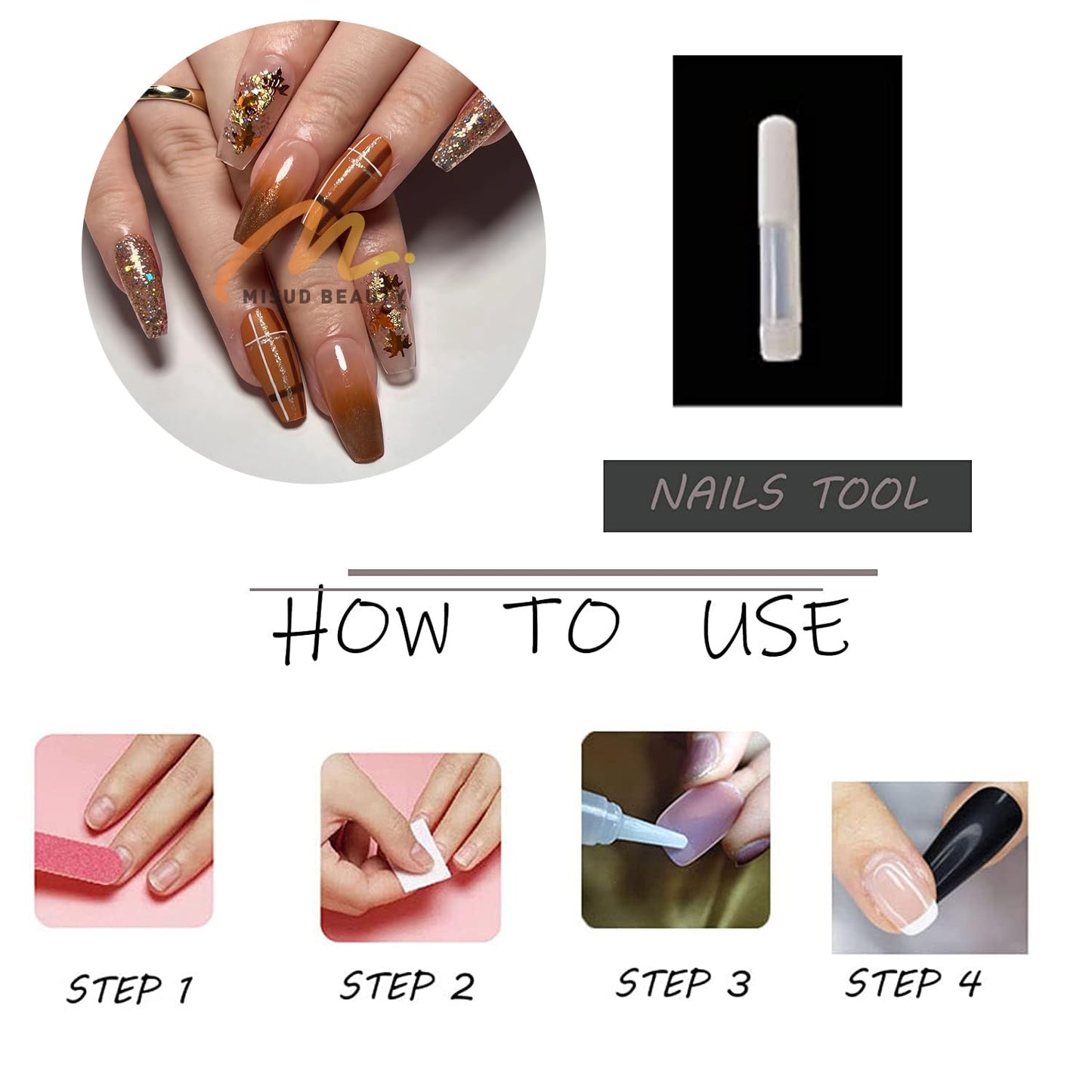 MISUD Press on Nails - Long Coffin Fake Nails with Fall Maple, Acrylic Autumn Design 24 pcs