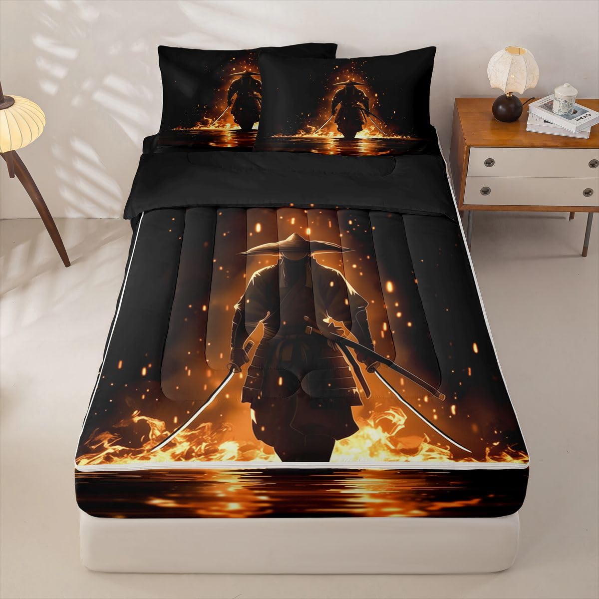 Erosebridal Japanese Samurai Kids Comforter Set with Zipper, Japan Warrior Twin Size Zipper Bedding Set, Japanese Spirit Bed-in-A-Bag