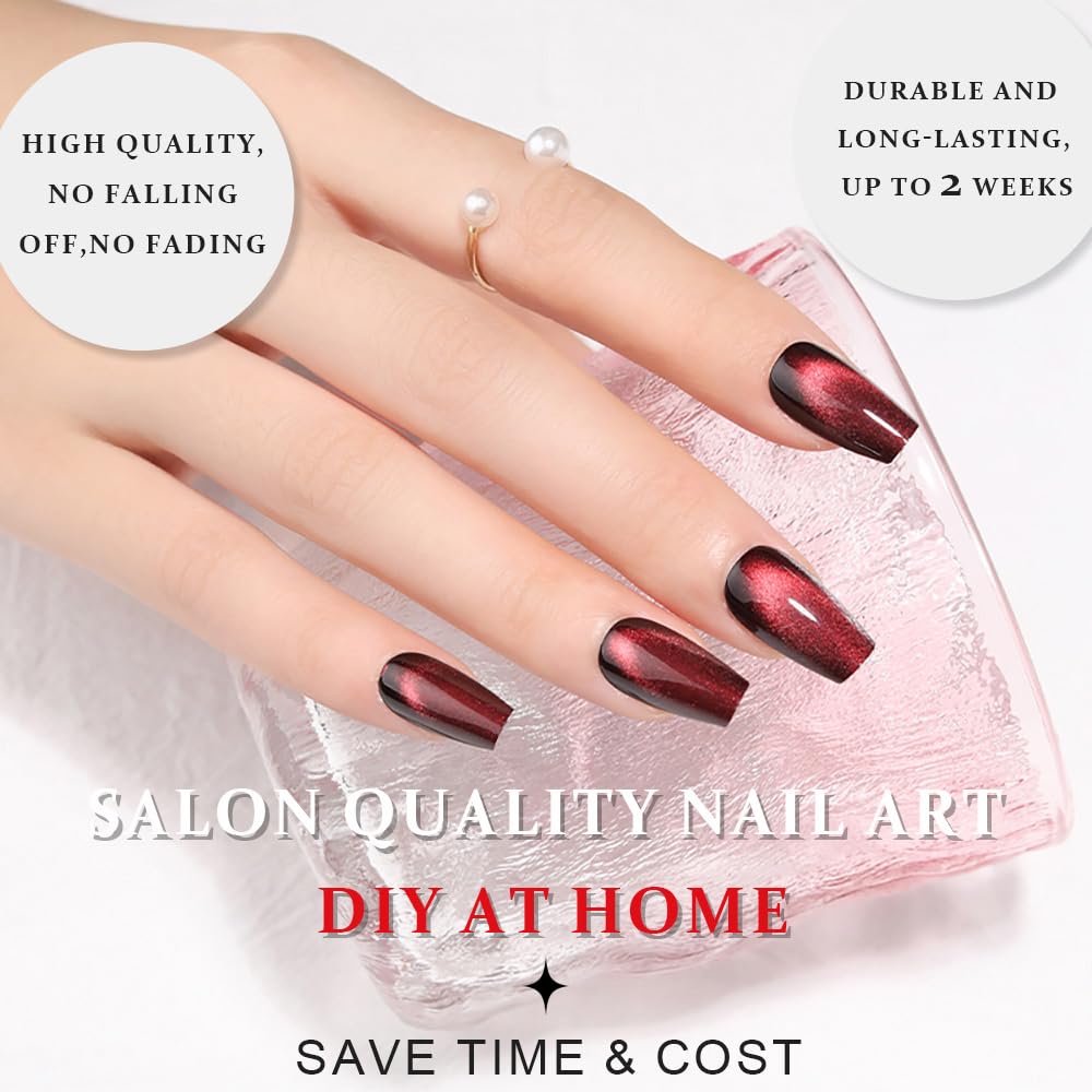 evpct Deep Burgundy Red Cat Eye Press on Nails Square Medium Coffin No Glue, Medium Square Stick on Nails for Women, Dark Red Metallic Glitter Glossy Reusable Spring Summer Press on Acrylic Fake Nail