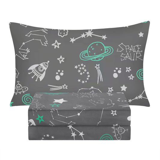 BYSURE Twin Sheets Set Kids(Space Monster, Grey), 3 Pieces Easy Fit Deep Pocket Sheets Set, Breathable Wrinkle-Free Microfiber Bedding for Children