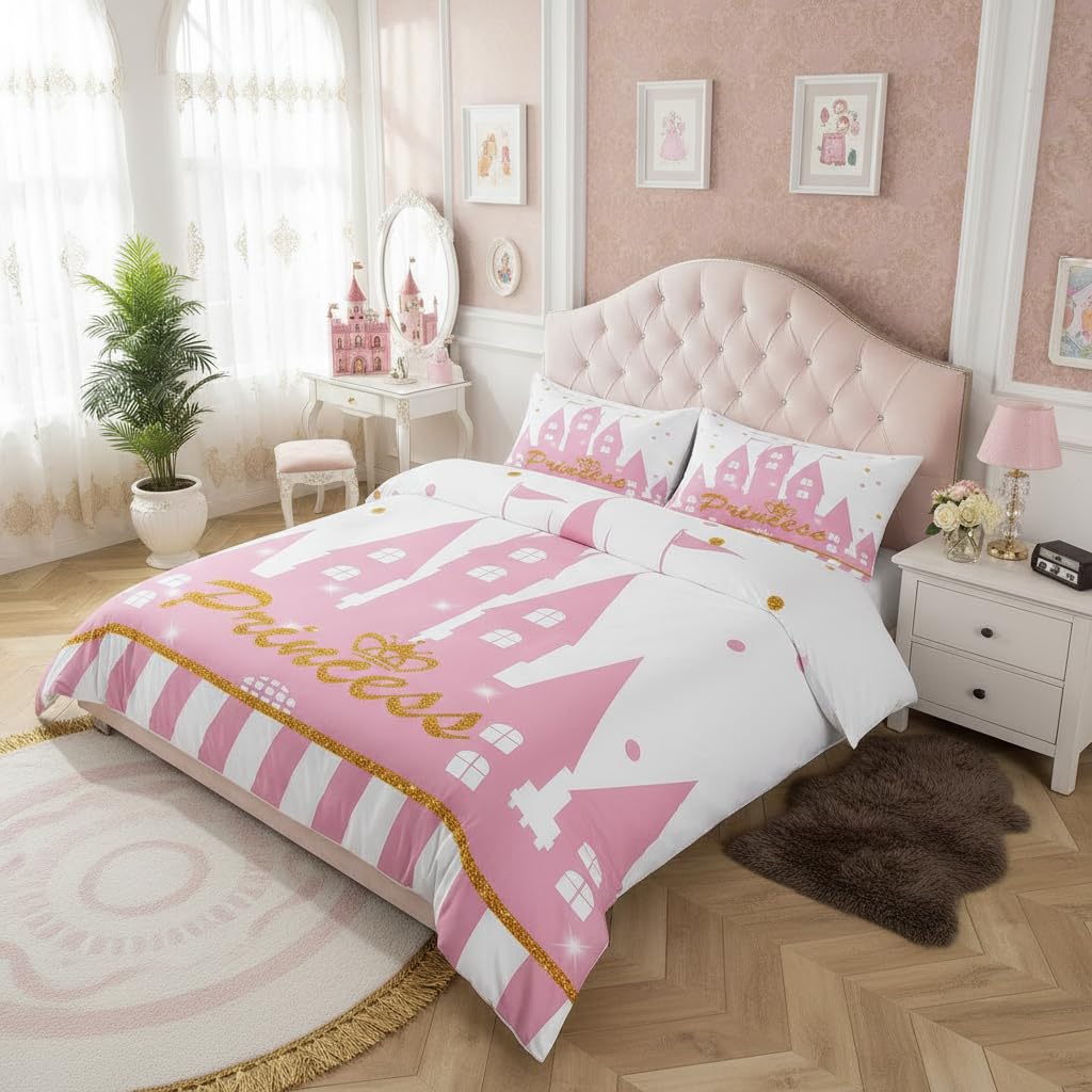 Girls Princess Duvet Cover Set Queen Size,Cartoon Castle Bedding Set 3Pcs for Kids Teens Woman Bedroom Decor,Gold Glitter Dots Lines Comforter Cover Sweet Girly White Pink Quilt Cover,2 Pillowcases