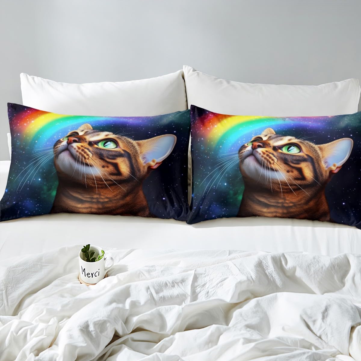 Erosebridal Galaxy Cat Bed Sheets 4 Pcs Kids Girls Boys Teens Rainbow Cat Sheet Set Full Animal Themed Sheets Set + Deep Pocket Fitted Sheets+ Fashion Starry Sky Flat Sheet + Room Decor