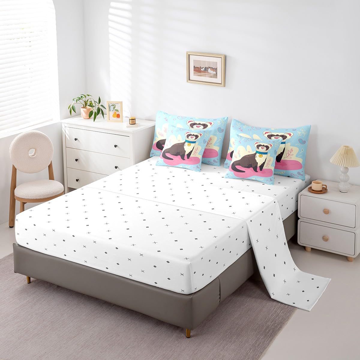 Erosebridal Ferret Comforter Set 7 Piece Bed in a Bag Twin,Cartoon Wildlife Pet Minks Weasel Animal Bedding Sets Kawaii Wild Animals Sheet Set with Comforter
