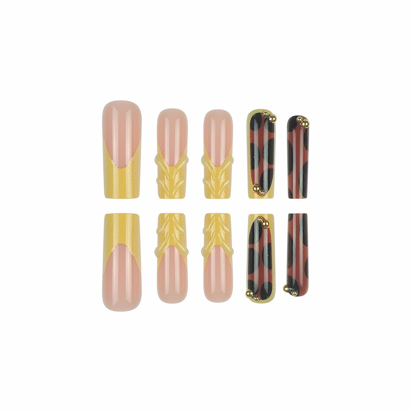 MISUD Press on Nails - Long Square Fake Nails with Fall Brown Amber, Acrylic Yellow French Tip Design 24 pcs