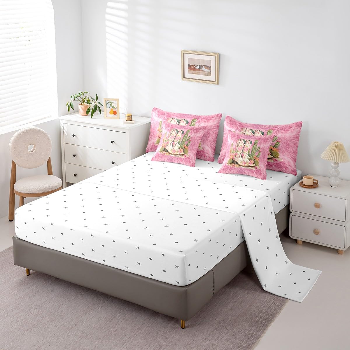 Feelyou Cowgirl Boots Comforter Set 7 Pieces Twin Size Kids, Western Pink Cow Fur Print Bedding Set Boys Girls, Floral Bed in a Bag,Comforter + Sheets + Pillowcases + Cushion Covers（No Real Fur）