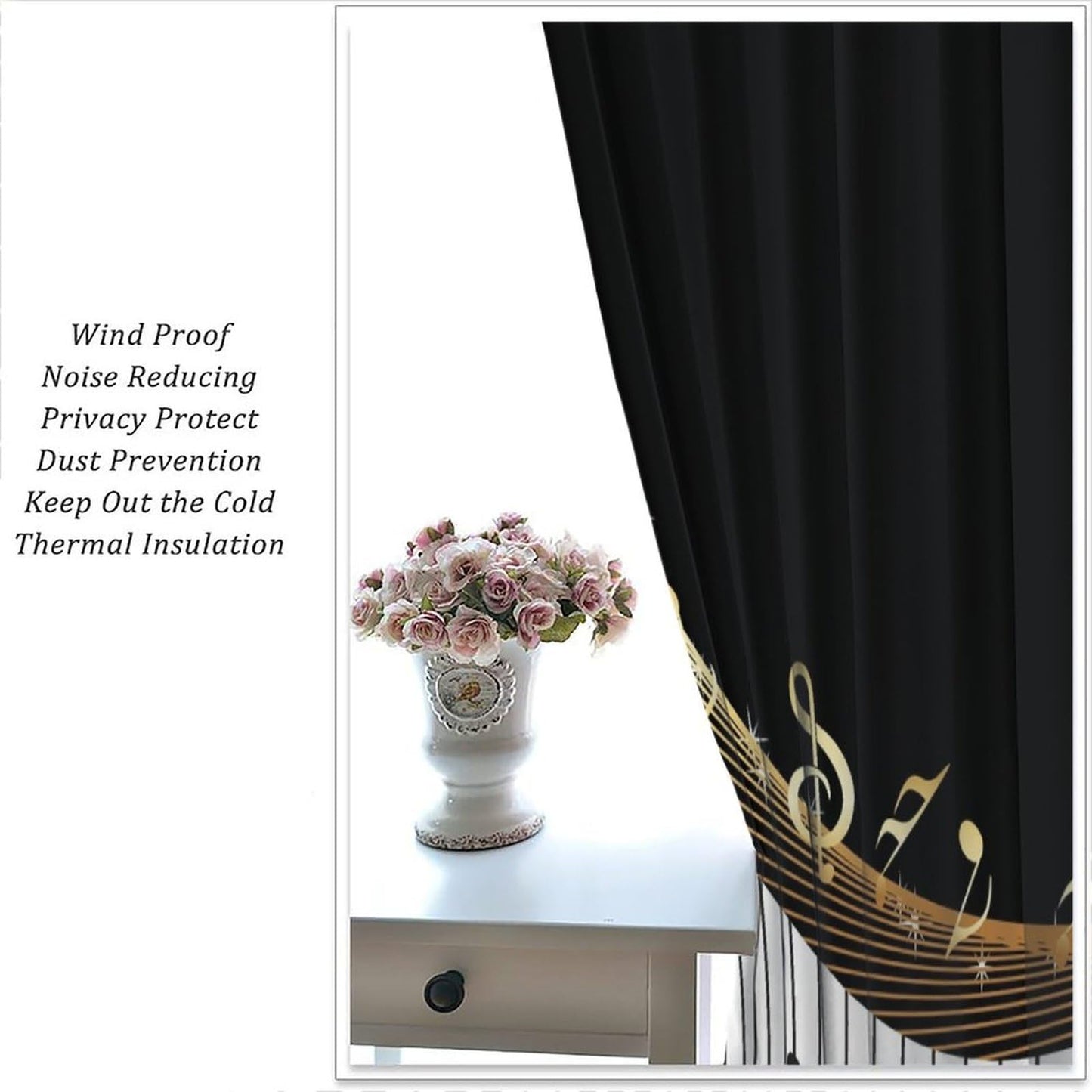 Black White Music Curtains，Abstract Piano Key Musical Notes Art Pattern Drapes Window 2 Panel Rod Pocket Curtain for Bedroom Living Room Decor 41" W X 45" L 30%
