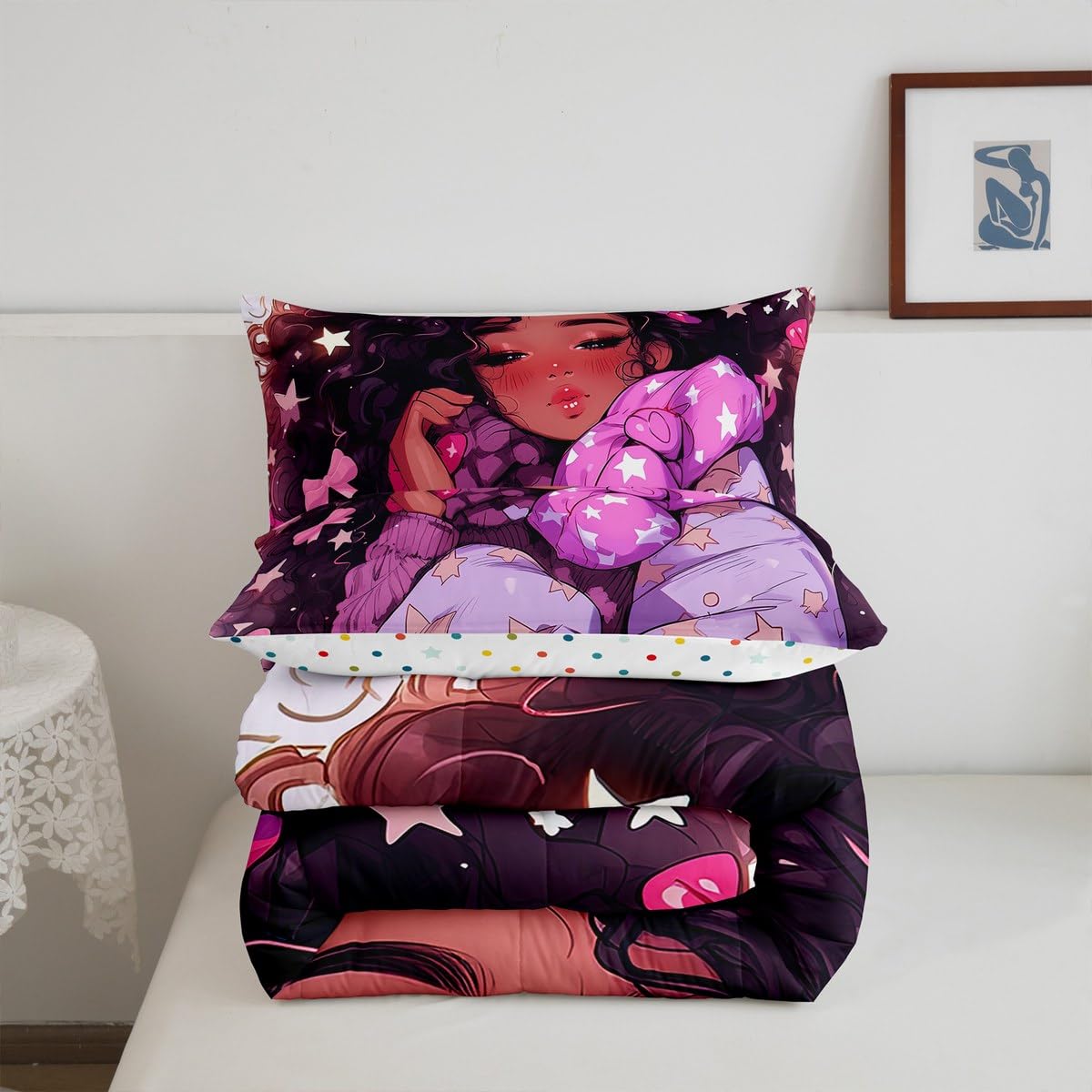 Erosebridal Black Girls Bedding Set Afro Girl Twin Comforter Set for Girls,American African Princess Magical Quilt for Toddler Kids Teenager,Pink Purple Cute Room Decor