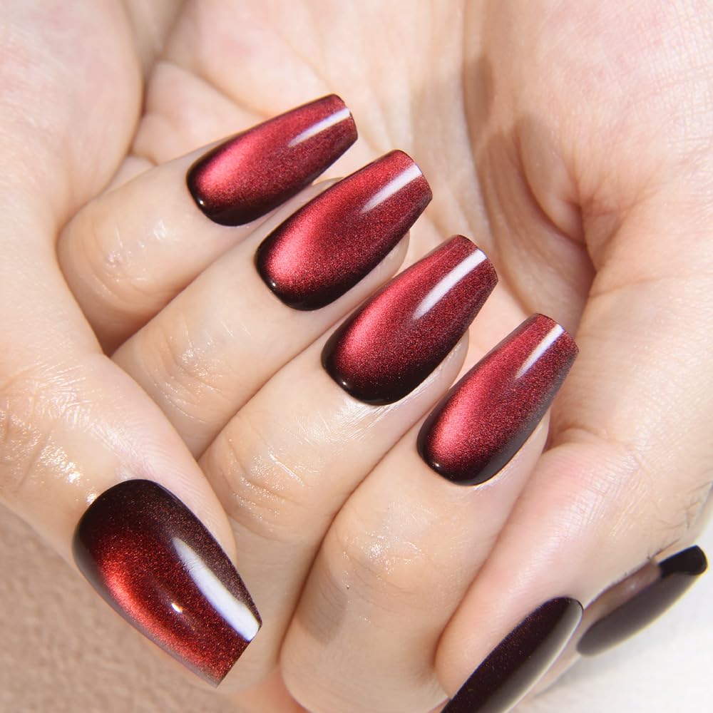 evpct Deep Burgundy Red Cat Eye Press on Nails Square Medium Coffin No Glue, Medium Square Stick on Nails for Women, Dark Red Metallic Glitter Glossy Reusable Spring Summer Press on Acrylic Fake Nail