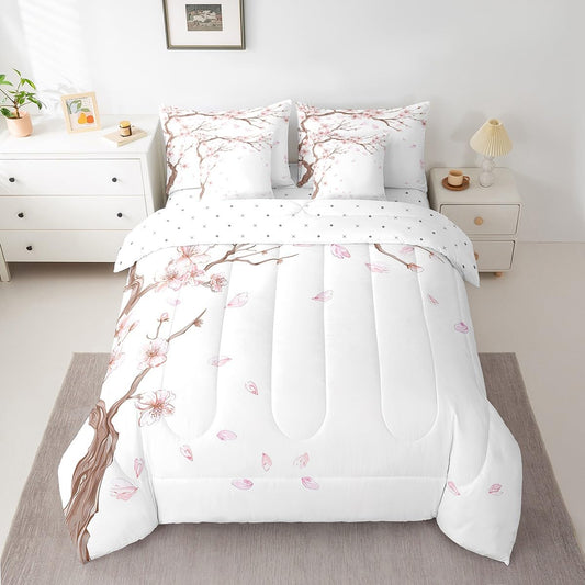 Erosebridal 7 Piece Pink Cherry Blossoms Bed in a Bag for Adult Women Girls Romantic Theme Sheet Set Nature Flowers Bedding with Comforter Japanese-Style Cushion Covers, Full Size