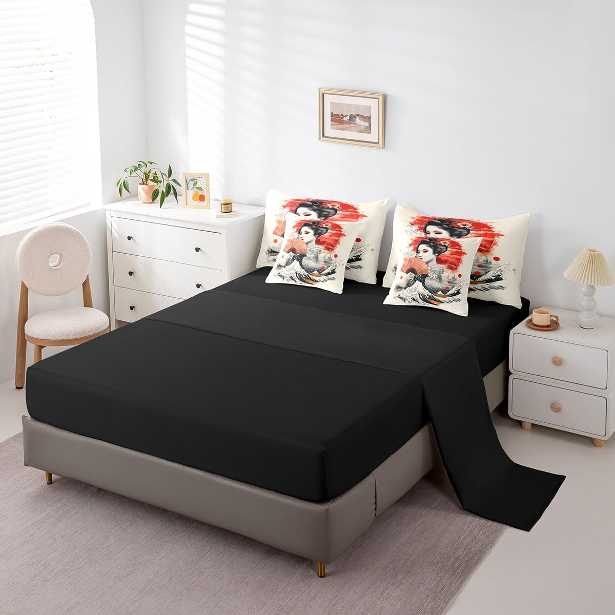 Erosebridal Geisha Female Bedding Set 7Pcs,Japanese Sea Wave Comforter Set Twin for Kids Teens Adults,Traditional Aesthetic Bed in a Bag