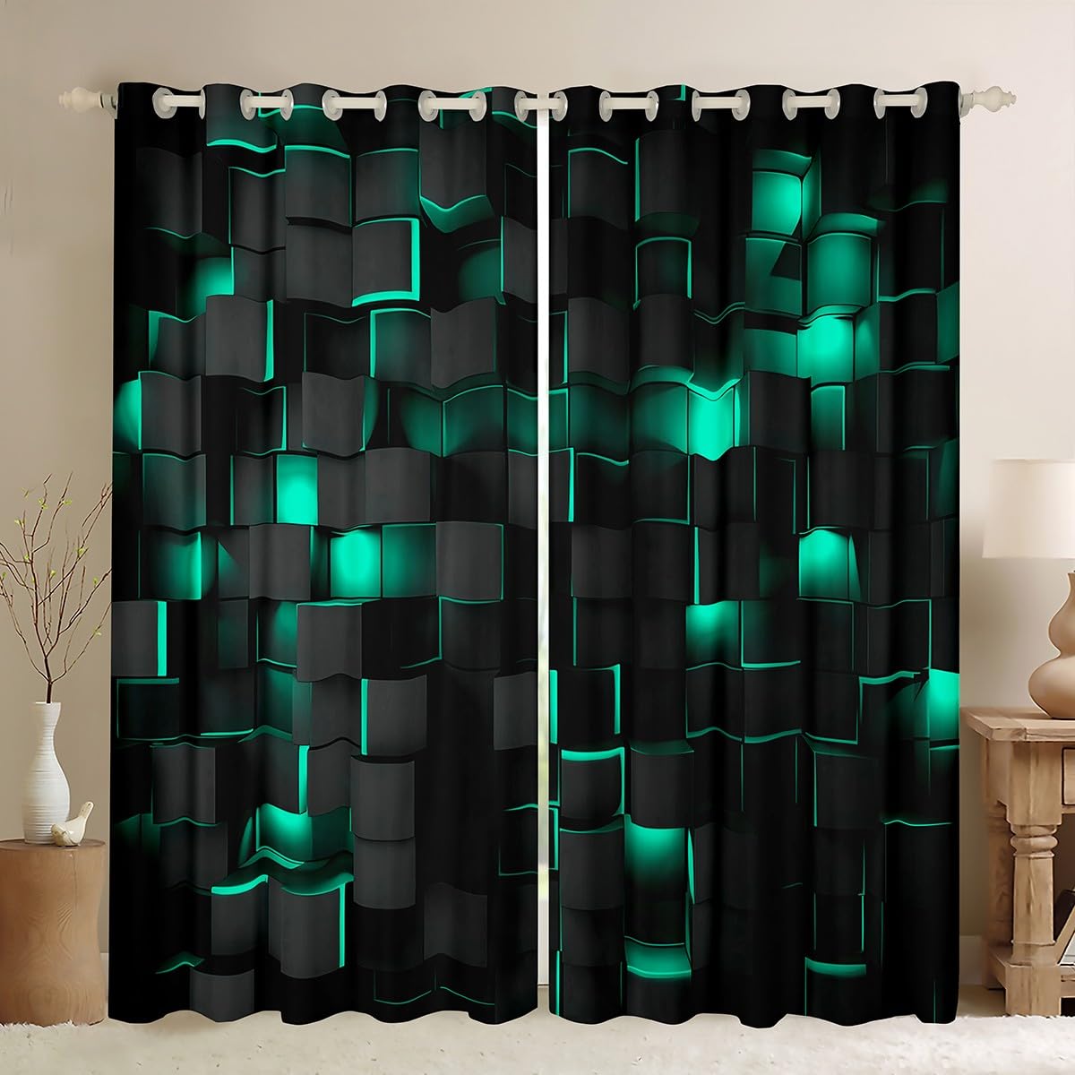 Feelyou Teal Blue and Black Darkening Drapes (2 Panels, 52 x 63 Inch) Light Geometric Curtains for Bedroom Living Room Blackout Curtains for Modern Window Treatments