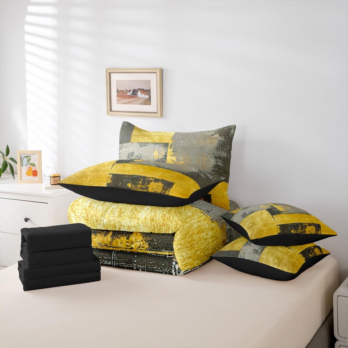 Feelyou Abstract King Comforter Set with Sheets for Kids Boys Girls Modern Abstract Art 7 Pieces Bedding Set Luxury Bed in a Bag Geometric Room Decor Gray Yellow Soft Lightweight Microfiber