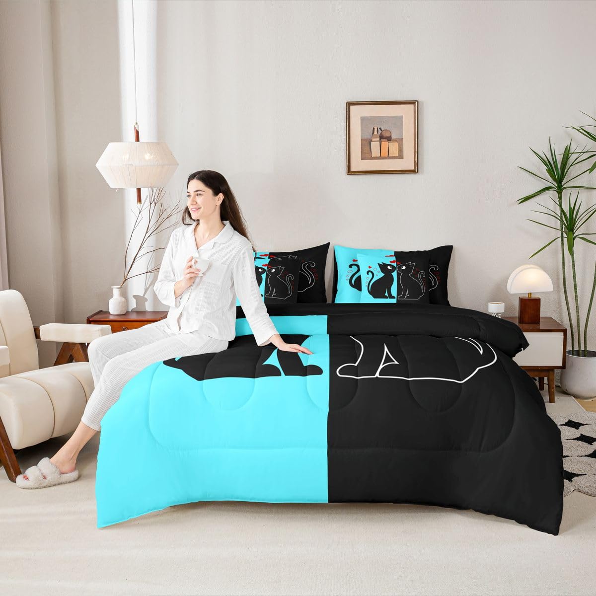Erosebridal Cute Black Cat 7-Piece Bedding Set Full Size (Blue and Black) | Valentine's Day Cats Bed in a Bag for Couple Lovers Romantic Cats Comforter Set with Sheets Kawaii Pet Animal Duvet Insert