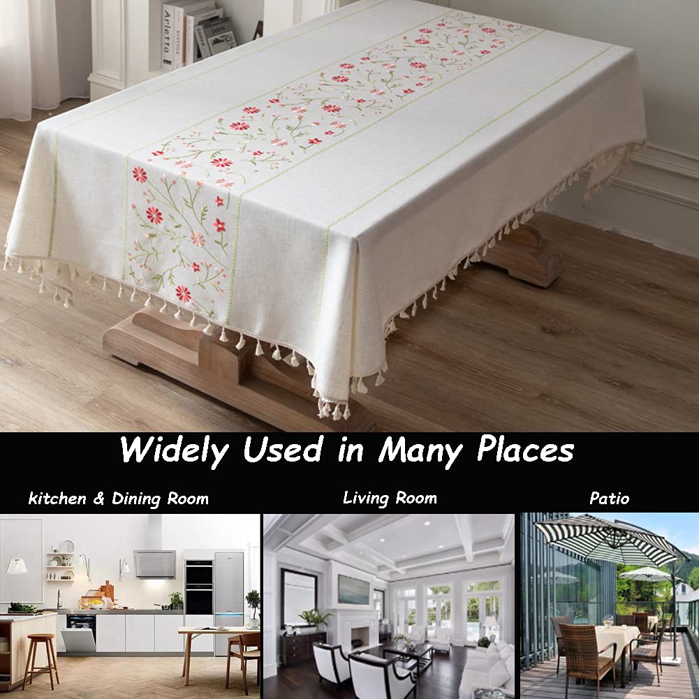 AMZALI Table Cloth Embroidery Floral Pattern Wrinkle Free Heavy Weight Cotton Linen Farmhouse Tablecloth Decorative Fabric Tassel Table Cover for Outdoor and Indoor Use (Square 55 x 55 Inch)