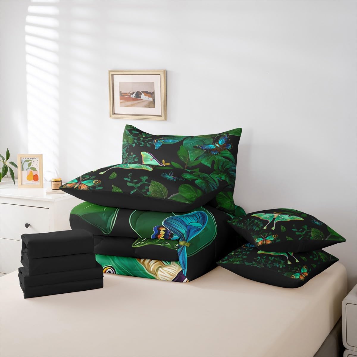 Erosebridal Colorful Butterfly Comforter Set Moth Bed in A Bag King Size 7 Pieces Palm Leaves Banana Bed Set Hawaiian Tropical Leaves Bedding