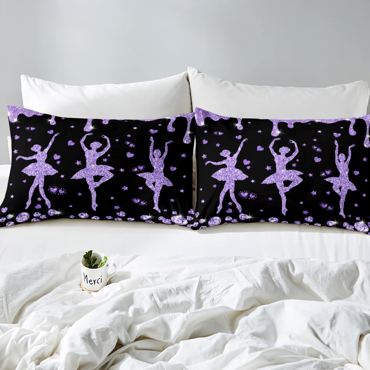 Erosebridal Purple Black Ballet Girls Fitted Sheet Full Ballet Dancer Bedding Set Glitter Sequins Diamond Bed Sheets Gifts for Ballerina,Love Hearts Stars Sheets 2 Pillow Cases Room Decor