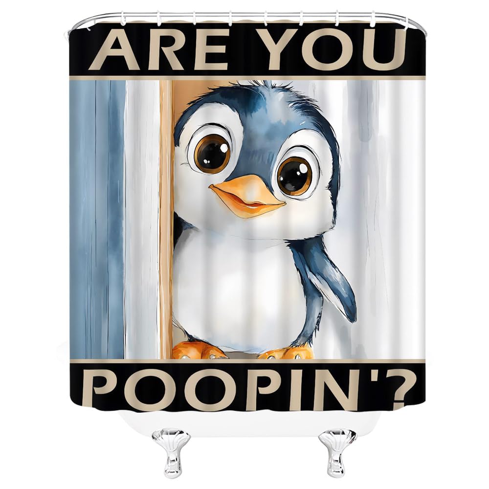 YSSFAV Funny Penguin Shower Curtain are You Poopin' Cute Animal Fun Modern Creative Bathroom Decor Curtains Set with Hooks, 70" W x 70" H