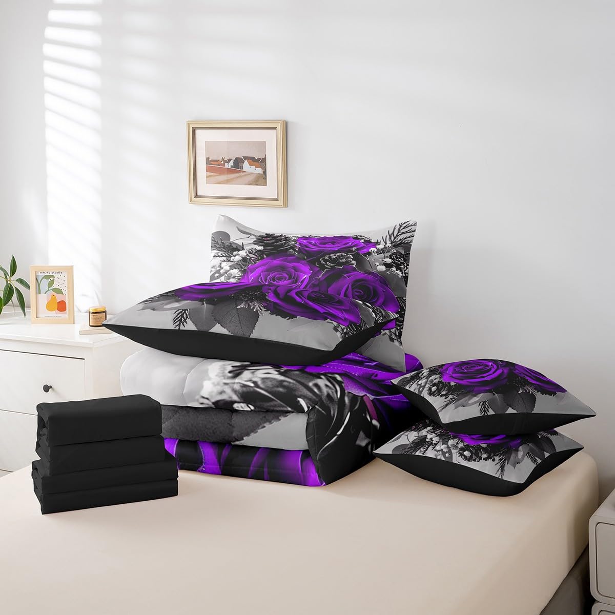 Erosebridal Rose Floral 7 Pcs Bed in a Bag Full Size,Girls Women Purple Rose Comforter Set,Romantic Botanical Flowers Fitted Sheet,Famrhouse Style Bedding,3D Printed Blossom Quilt Set Reversible