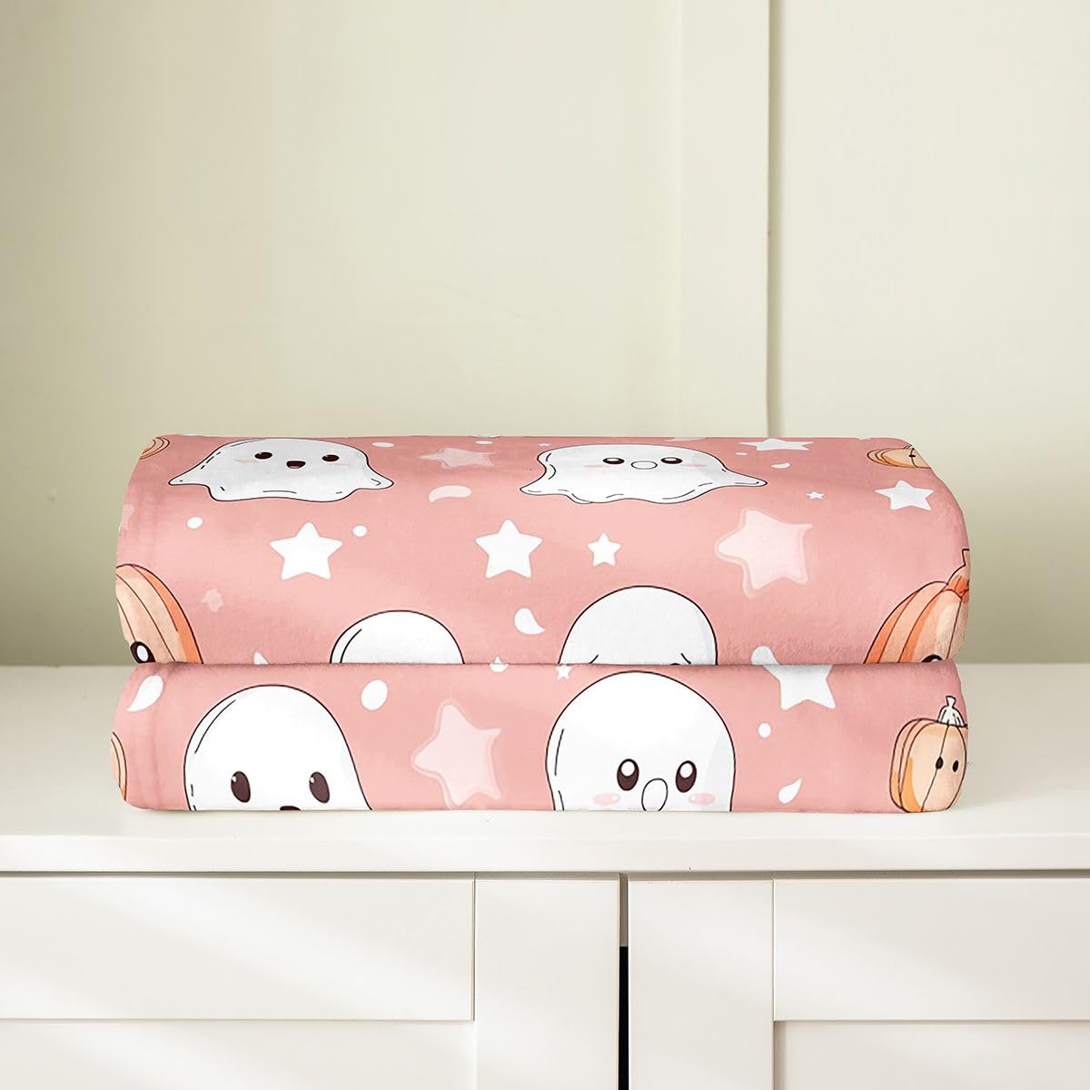 Feelyou Ghost Fleece Throw Blanket Halloween Themed Flannel Blanket Plush Fuzzy Trick or Treat for Bed Couch Chair Living Room Soft Pink 40"x50" Spooky Pumpkin Bedroom Decor