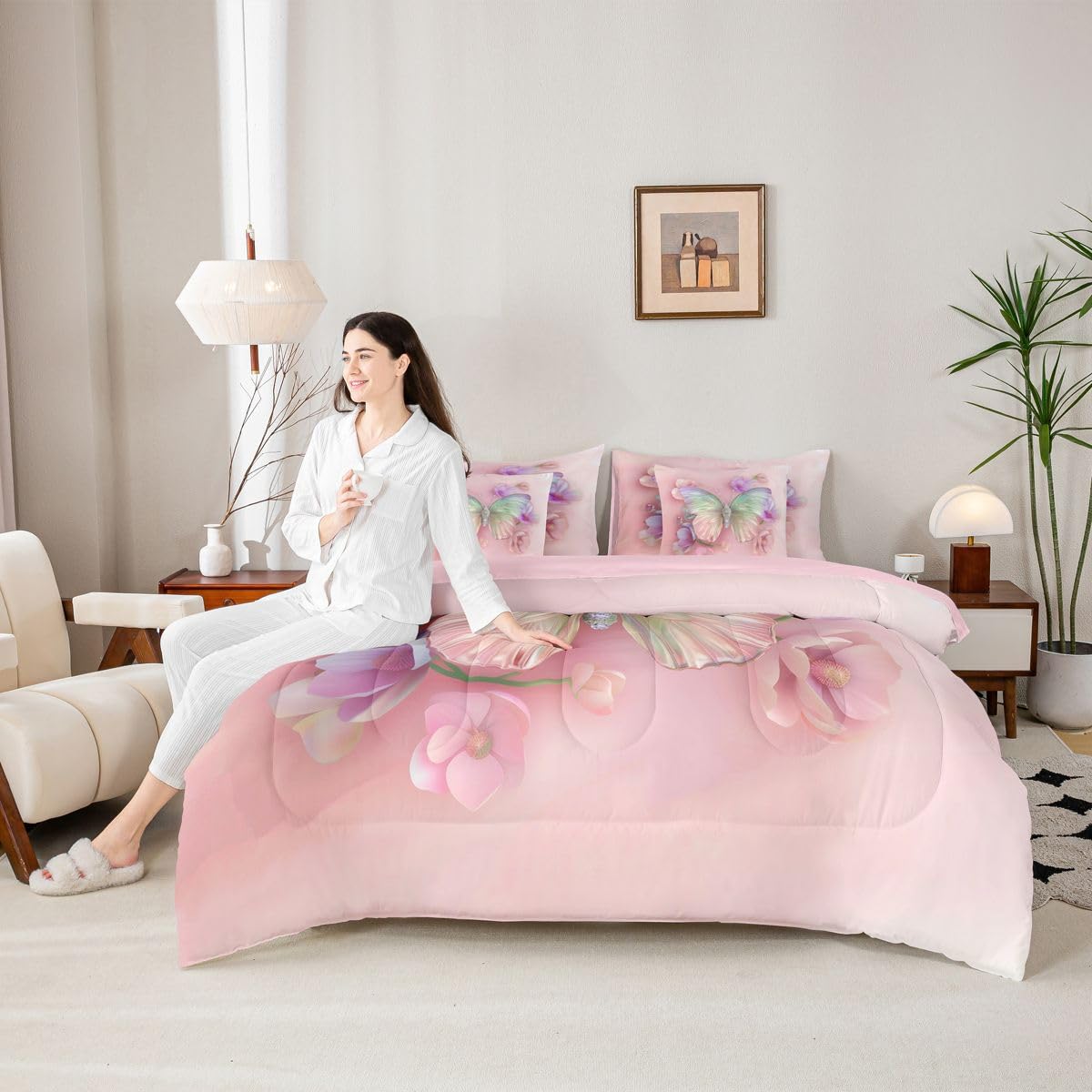 Erosebridal Watercolor Butterfly 7 Piece Bedding Set Twin Dreamy Flower Comforter Set with Sheets Pink Purple Ombre Bed in a Bag Rainbow Colorful Butterflies Bed Sets Comforter
