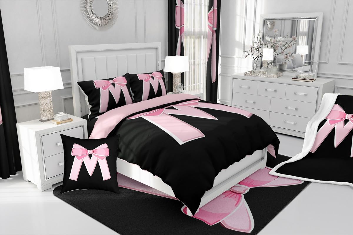 jejeloiu Kawaii Pink Bow Twin Comforter Set with Sheets,Gifts for Women Teen Girl,Personalized Initial Letter M 7 Piece Bedding Set,Soft Monogrammed Bed in a Bag with Comforter,Sheets,Pillowcases