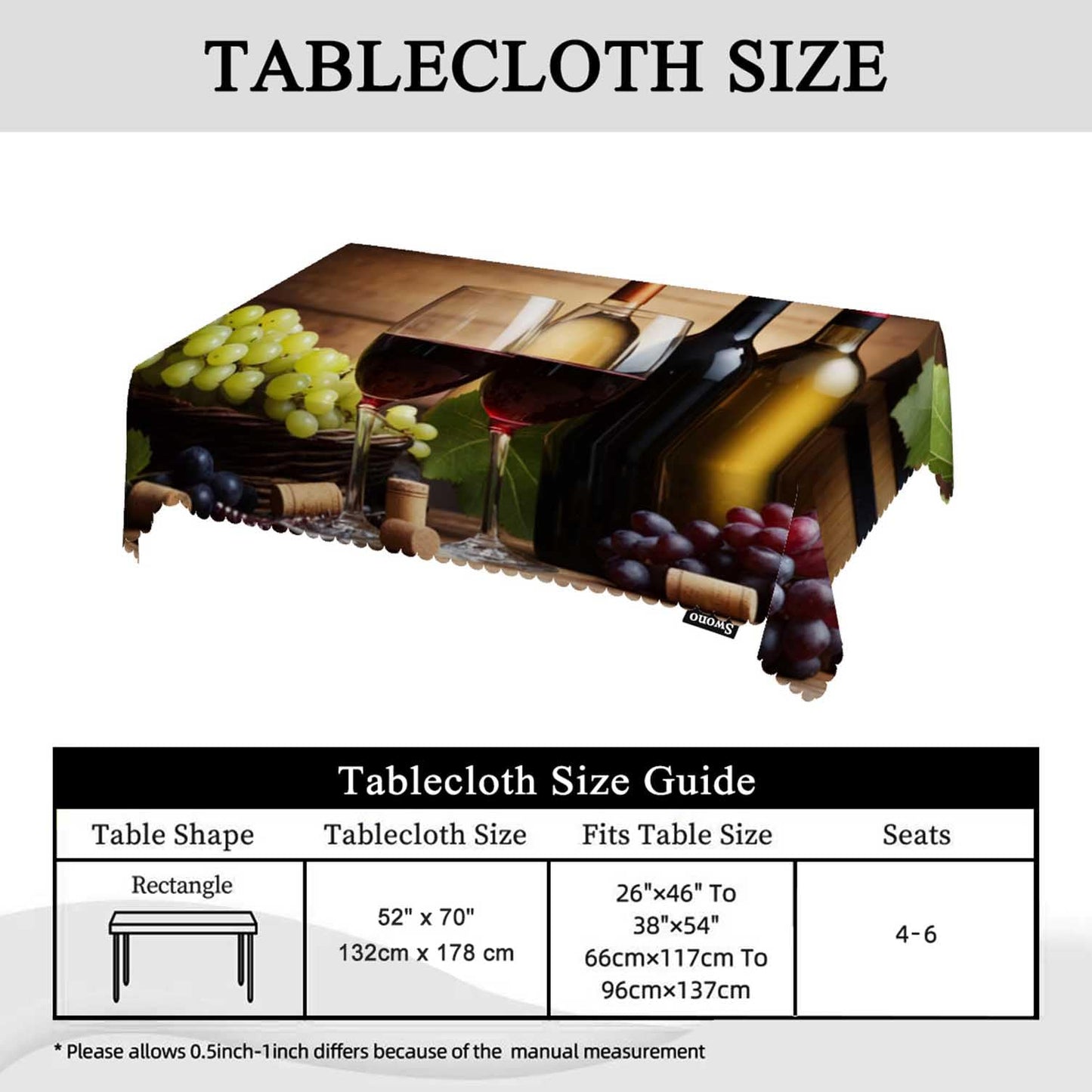 Swono 52x70 Inch Wine Tablecloth Red and White Wine Glass Grapes Wooden Farmhouse Dining Table Cloth Anti-Stain Talking Table Cover for Kitchen Dinning Room Coffee Store