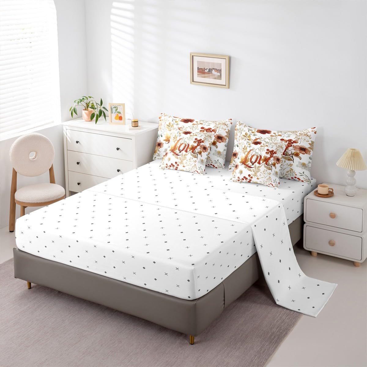 jejeloiu Fall Harvest Comforter Set Twin Size 7 Pieces Autumn Harvest Theme Bedding Set Autumn Leaves Bed in a Bag with Comforter, Sheets, Pillowcases, Cushion Covers Bedroom Decor