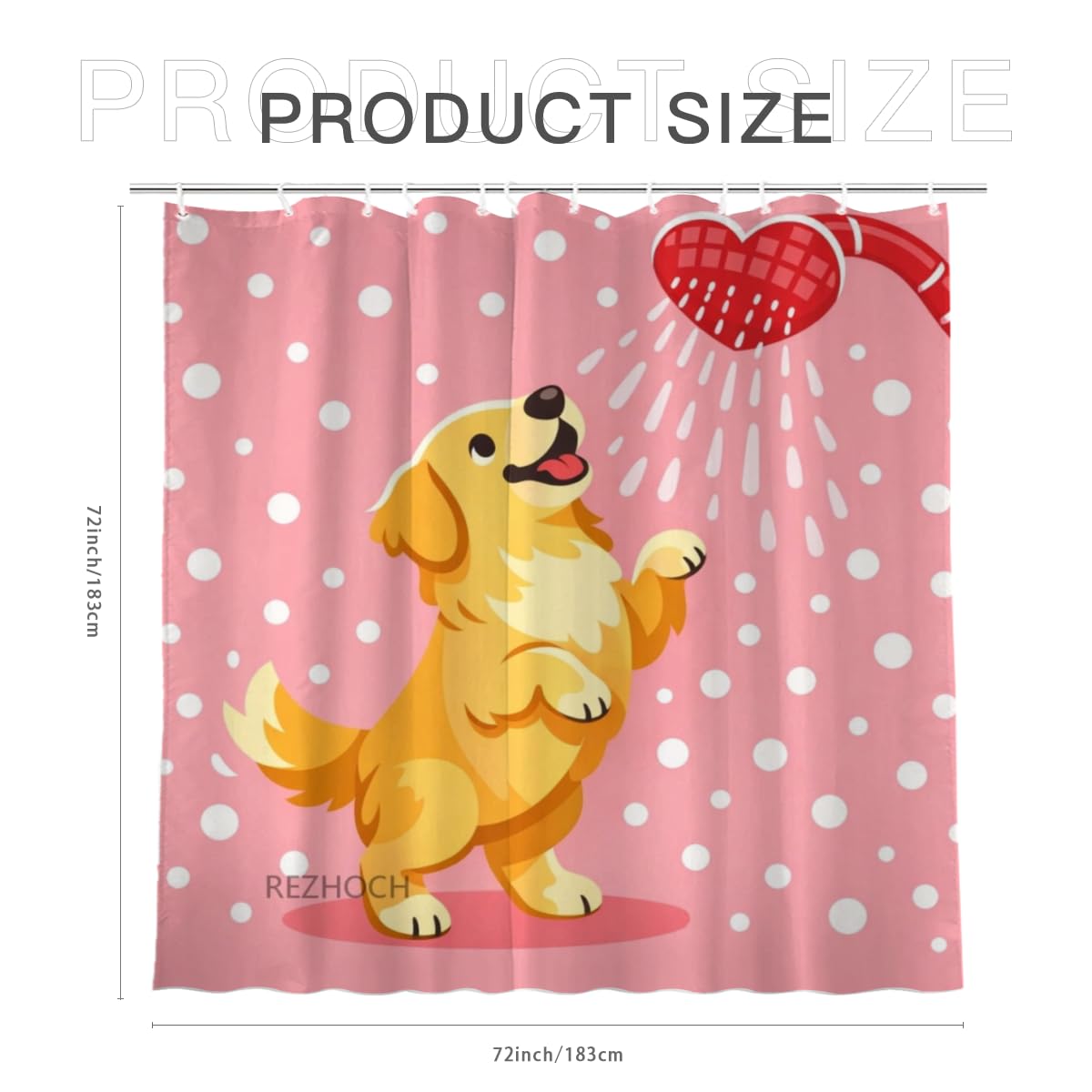 REZHOCH Cute Golden Retriever Shower Curtain 72x72Inch,Fun Animal Pink Home Farm Bathroom Decor,Heart Showerhead Cartoon Dog Waterproof Fabric Kids Girls Farmhouse Bath Set with Hooks